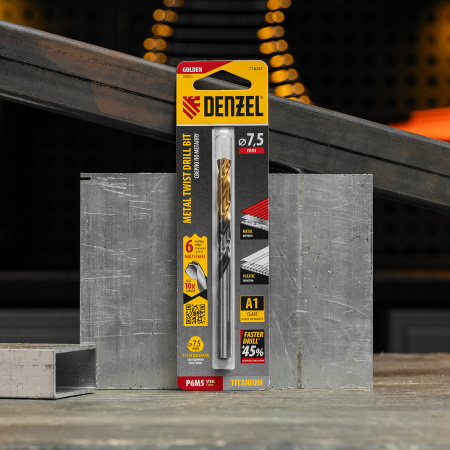Сверло спиральное по металлу DENZEL 7,5 x 109 мм, Р6М5, Golden Tip, многогранная заточка