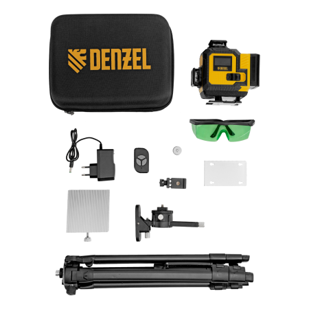 Лазерный уровень мультипризменный DENZEL DLV 360-4T, 30 м, зеленый луч, Li-Ion 2,4 Aч, штатив