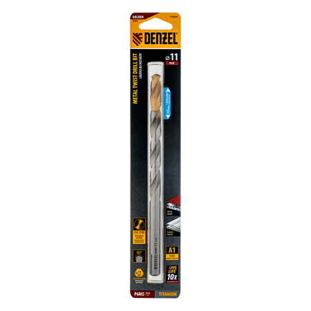 Сверло спиральное по металлу DENZEL 11 х 195 мм, Р6М5, Golden Tip, удлиненное