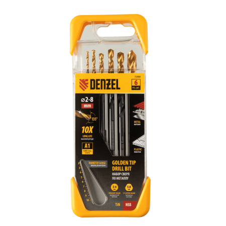 Набор сверл по металлу DENZEL 2-3-4-5-6-8 мм, HSS-Tin, Golden Tip, 6 шт
