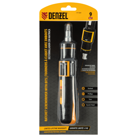 Отвертка реверсивная с револьверным механизмом DENZEL 11 шт, сталь S2