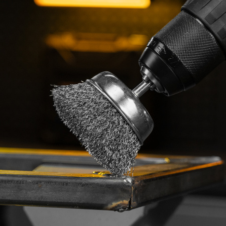 Набор щеток для дрели DENZEL, 1 Плоская 50мм, 2 Чашки 25-50мм, шпилька, нерж. вит. проволока