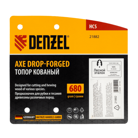 Топор кованый DENZEL 680 г, американский тип, буковая рукоятка, 360мм, EFP