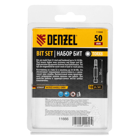 Бита DENZEL TX 8х50, сталь S2, шестигранный профиль, 10 шт. Е 6,3