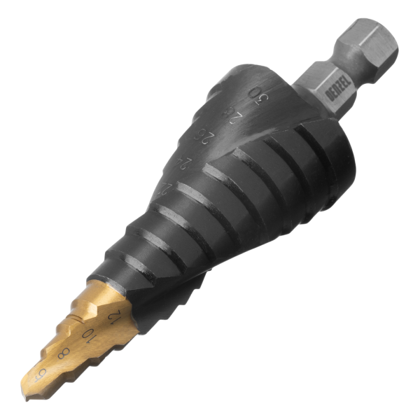 Сверло ступенчатое DENZEL, 6-8-10-12-14-16-18-20-22-24-26-28-30мм, Р6М5, 6-гр. хвостовик