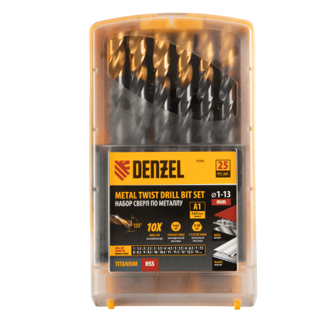 Набор сверл по металлу DENZEL 1-13 мм, HSS-Tin, Golden Tip, 25 шт