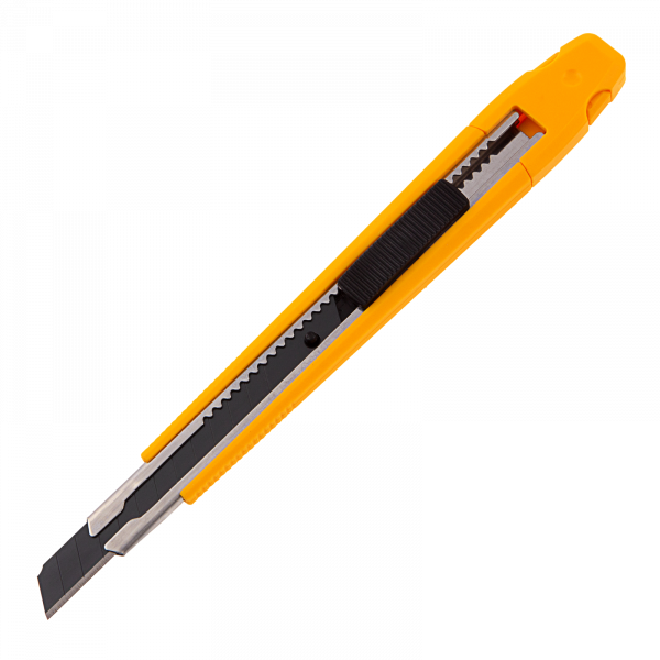 Нож DENZEL 9 мм, сменное лезвие, SK4, метал. направляющая, клипса, нажимной фиксатор