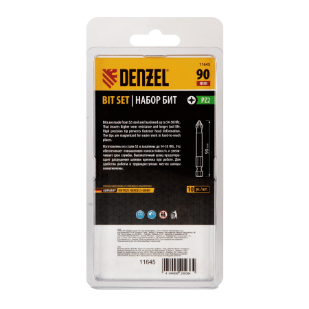 Бита DENZEL PZ2х90, сталь S2, цилиндр., 10 шт. Е 6,3