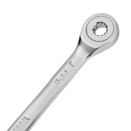 Ключ комбинированный трещоточный DENZEL, 6 мм, CrV, матовый хром