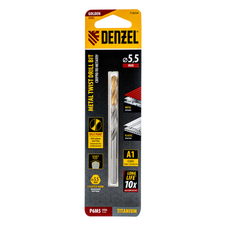 Сверло спиральное по металлу DENZEL 5,5 x 93 мм, Р6М5, Golden Tip Сверло спиральное по металлу DENZEL 5,5 x 93 мм, Р6М5, Golden Tip