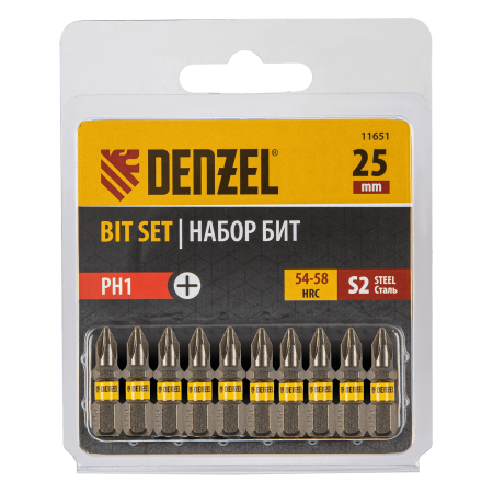 Бита DENZEL PH1х25, сталь S2, шестигранный профиль, 10 шт. Е 6,3