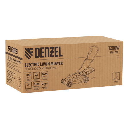 Газонокосилка электрическая DENZEL GM-1200, 1200 Вт, ширина 32 см, 3 уровня, 25 л