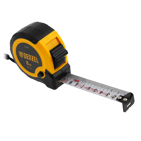 Рулетка DENZEL 8м х 25мм, двухкомп. корпус, кнопка-пауза