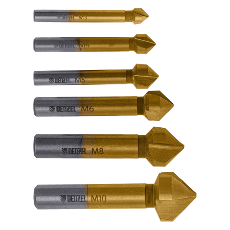 Набор зенковок DENZEL HSS, M3-M10, 6 шт, металл. кейс