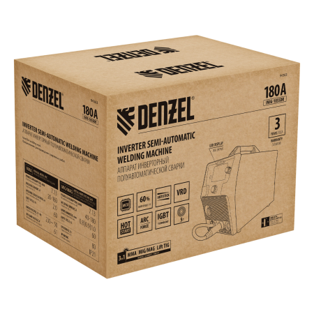 Аппарат инвертор DENZEL. полуавтомат. cварки IMIG-185SDR, 180 А, ПВ 60%, катушка 5 кг