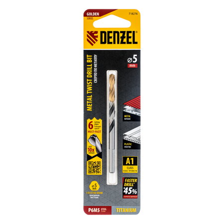 Сверло спиральное по металлу DENZEL 5 x 86 мм, Р6М5, Golden Tip, многогранная заточка