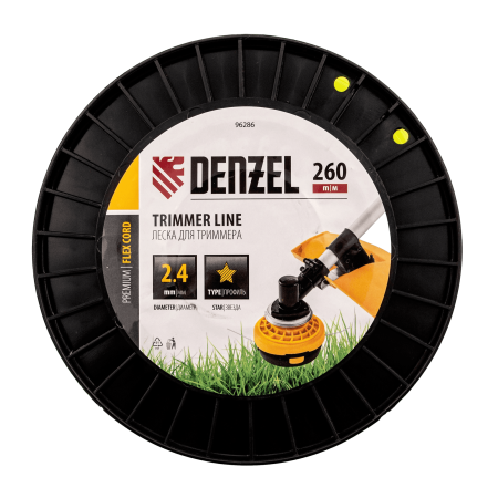 Леска для триммера DENZEL 96286 звезда, 2,4мм х 260м, на DIN катушке FLEX CORD Леска для триммера DENZEL 96286 звезда, 2,4мм х 260м, на DIN катушке FLEX CORD