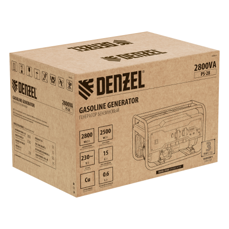 Генератор бензиновый DENZEL PS 28, 2.8 кВт, 230 В, 15 л, ручной старт
