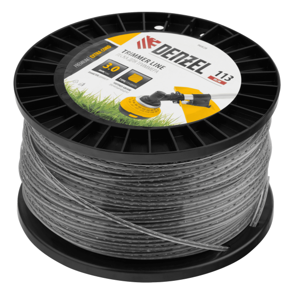 Леска для триммера DENZEL двухкомпонентная зубчатый квадрат, 3,0мм х 113м, на DIN кат. EXTRA CORD