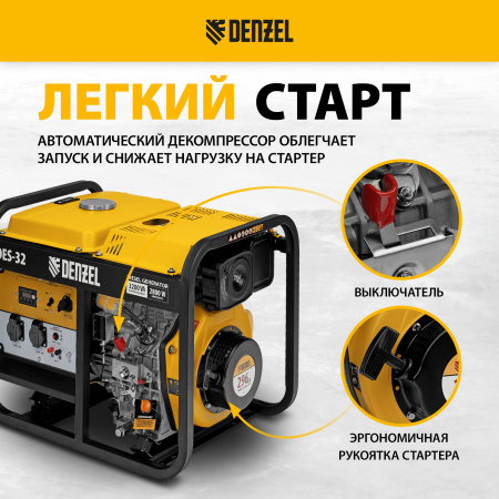 Генератор дизельный DENZEL DES-32, 3,2 кВт, 230 В, 11 л, ручной стартер