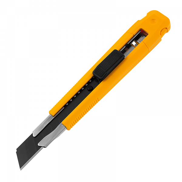 Нож DENZEL 18 мм, сменное лезвие, SK4, метал. направляющая, клипса, нажимной фиксатор