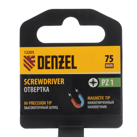 Отвертка DENZEL PZ1x75 мм, CrV, трехкомпонентная рукоятка