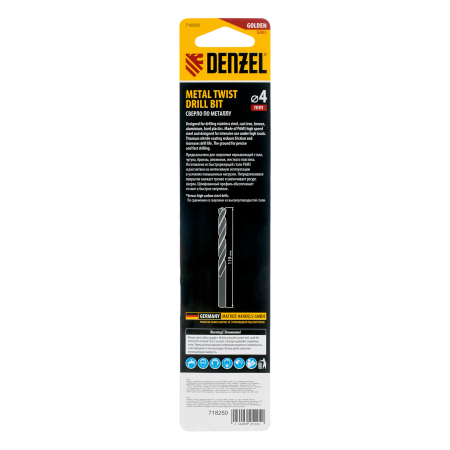 Сверло спиральное по металлу DENZEL 4 х 119 мм, Р6М5, Golden Tip, удлиненное