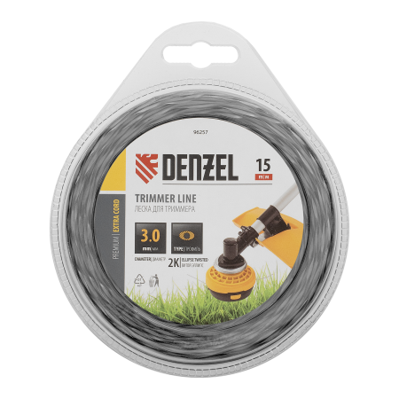 Леска для триммера DENZEL 96257 двухкомпонентная эллипс, 3,0мм х 15м, блистер EXTRA CORD