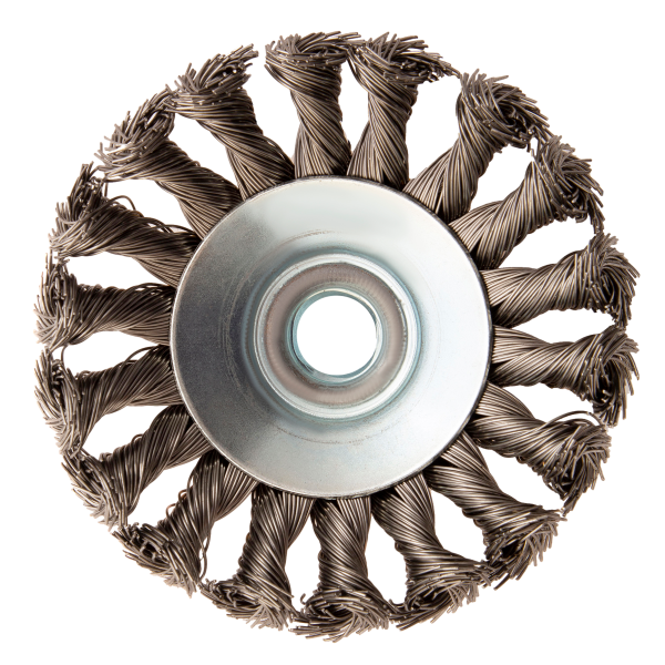 Щетка для УШМ DENZEL 746093, 100 мм, «тарелка», крученая нержавеющая проволока 0.5 мм, М14