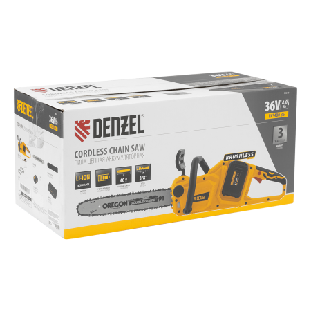 Аккумуляторная цепная пила DENZEL RCS400-36, Li-ion, 36 В, 4 Ач, шина 400 мм, бесщеточная