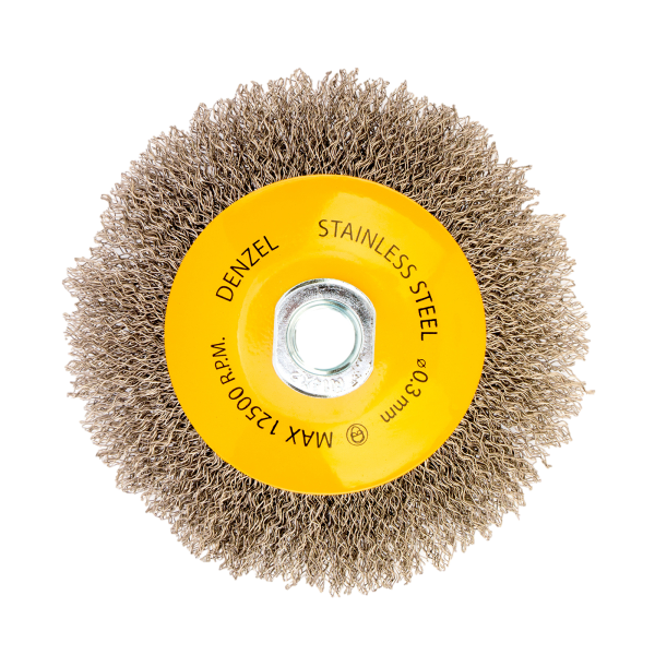 Щетка для УШМ DENZEL 746163, 125 мм, «тарелка», витая нержавеющая проволока 0.3 мм, М14