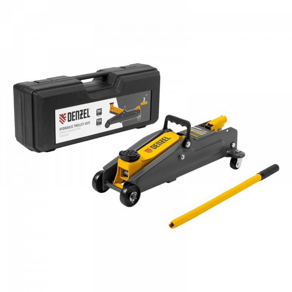 Домкрат гидравлический подкатной DENZEL 2 т, 135-385 мм, в пласт. кейсе