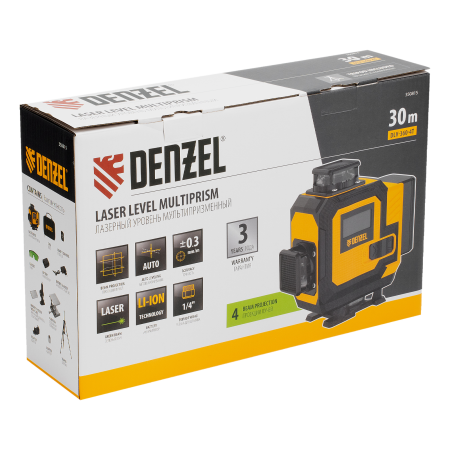 Лазерный уровень мультипризменный DENZEL DLV 360-4T, 30 м, зеленый луч, Li-Ion 2,4 Aч, штатив