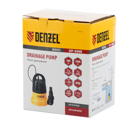 Дренажный насос DENZEL DP500E, 500 Вт, высота подъема 7 м, 7000 л/ч Дренажный насос DENZEL DP500E, 500 Вт, высота подъема 7 м, 7000 л/ч