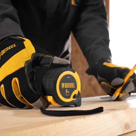 Рулетка DENZEL 8м х 25мм, двухкомп. корпус, кнопка-пауза