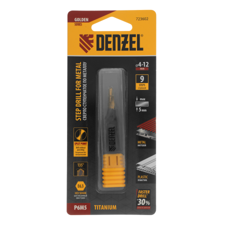 Сверло ступенчатое DENZEL 4-5-6-7-8-9-10-11-12 мм, Р6М5, 6-гр. хвостовик