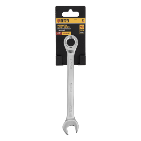 Ключ комбинированный трещоточный DENZEL, 19 мм, CrV, матовый хром
