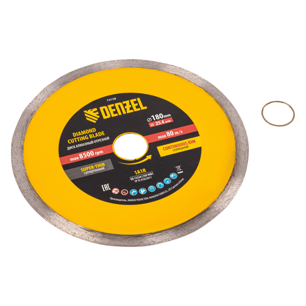 Диск алмазный сплошной DENZEL супертонкий, 180 х 25,4 мм, горячее прессование, мокрое резание