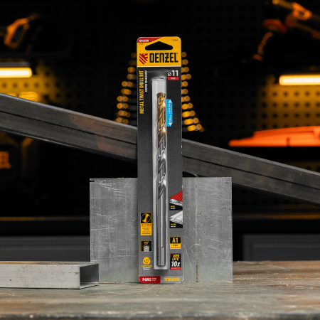 Сверло спиральное по металлу DENZEL 11 х 195 мм, Р6М5, Golden Tip, удлиненное