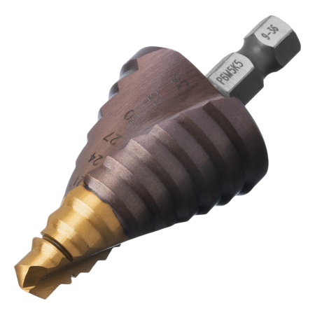 Сверло ступенчатое DENZEL, 9-12-15-18-21-24-27-30-33-36 мм, Р6М5К5, 6-гр. хвостовик