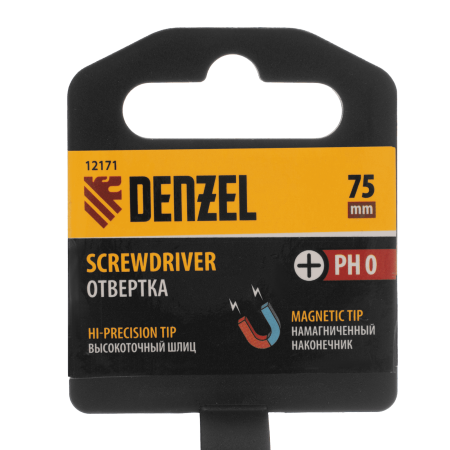 Отвертка DENZEL PH0х75 мм, CrV, трехкомпонентная рукоятка