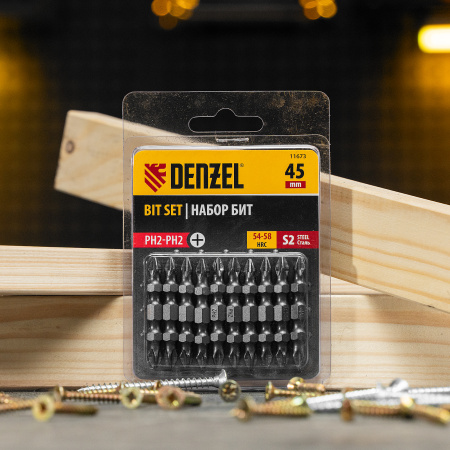 Бита DENZEL двухсторонняя, PH2-PH2 х 45 мм, сталь S2, 10 шт.