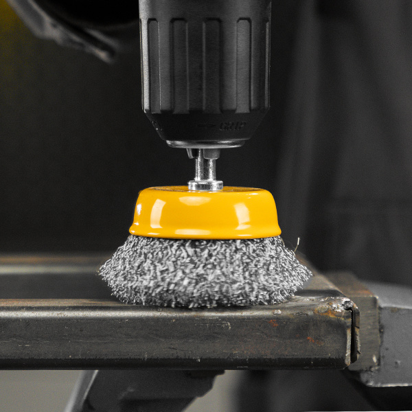 Щетка для дрели DENZEL, 50 мм, Чашка, со шпилькой, нержавеющая витая проволока