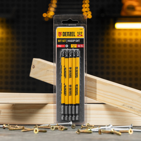 Бита DENZEL PH2х127, сталь S2, цилиндр., 5шт. Е 6,3