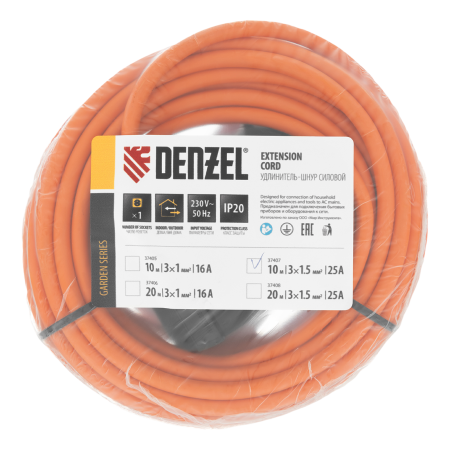 Удлинитель-шнур силовой Garden Series DENZEL, ПВС, 10м, 1 розетка 3 x 1,5 мм
