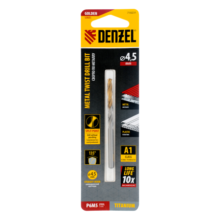 Сверло спиральное по металлу DENZEL 4,5 x 80 мм, Р6М5, Golden Tip