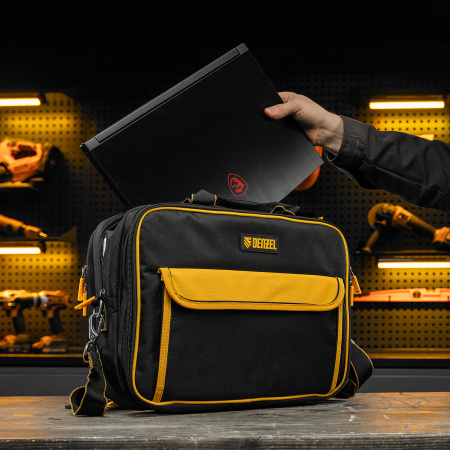 Сумка для инструмента DENZEL 400х170х300 мм, 3 отделения, 28 карманов, наплечный ремень