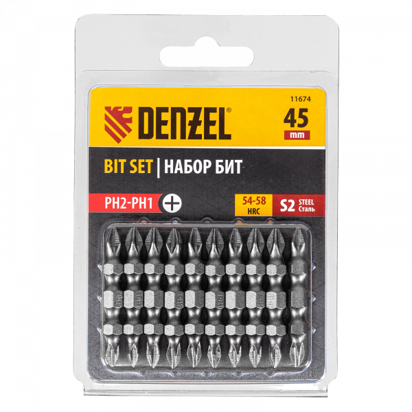 Бита DENZEL двухсторонняя, PH2-PH1 х 45 мм, сталь S2, 10 шт.