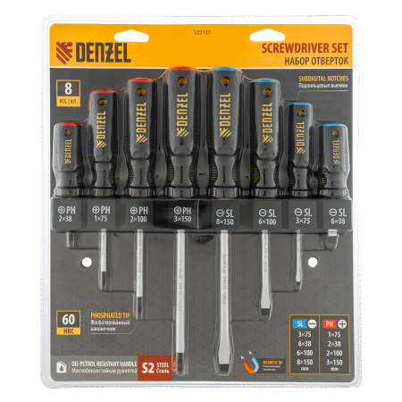 Набор отверток на полке DENZEL 8 шт., PH+SL, S2, 3к рукоятка