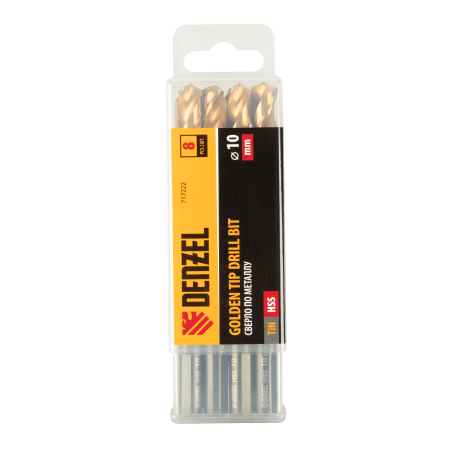 Сверло по металлу DENZEL 10 мм, HSS-Tin, Golden Tip, 8 шт.